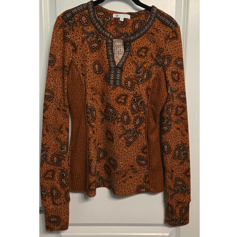 DR2 Daniel Rainn Top S Small Womens Brown Orange Paisley Waffle Knit Long Sleeve